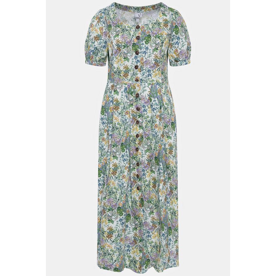 Ulla Popken Robe Midi Fleurs Lin Mélangé Col Rond Manches Bouffantes  