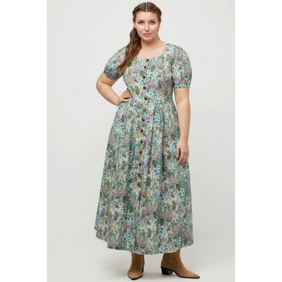 Ulla Popken Robe Midi Fleurs Lin Mélangé Col Rond Manches Bouffantes  