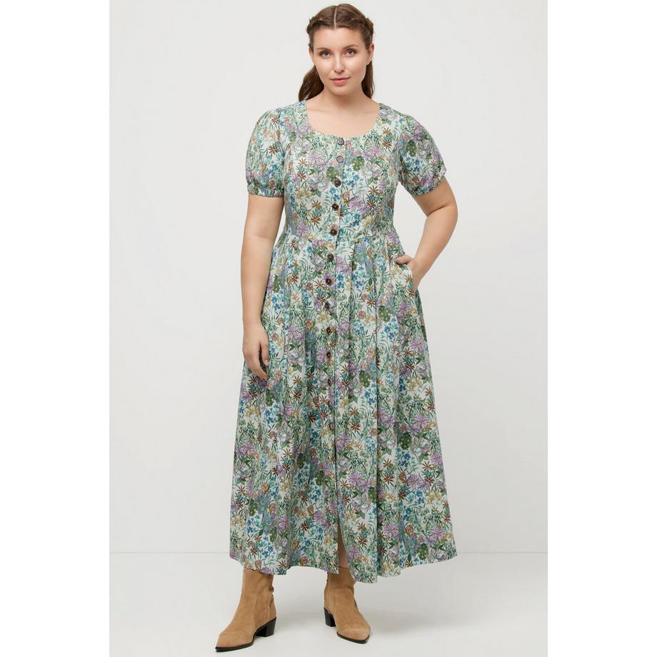 Ulla Popken Robe Midi Fleurs Lin Mélangé Col Rond Manches Bouffantes  