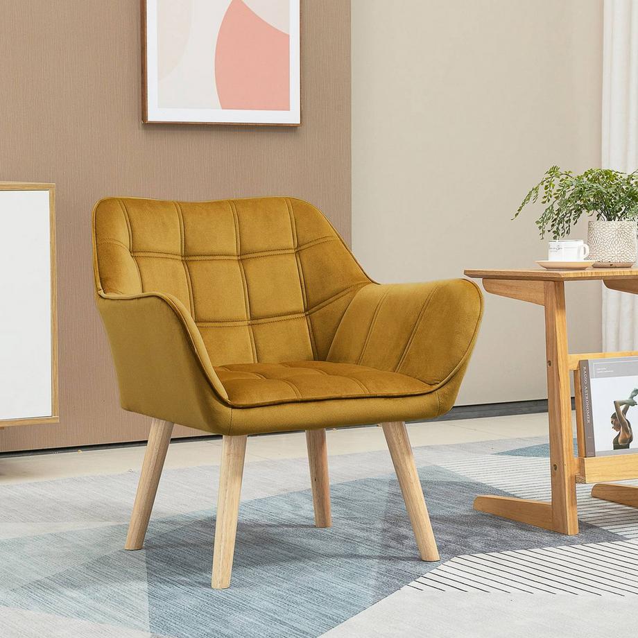 Northio Fauteuil à oreilles chaise simple chaise de relaxation en velours, scandinave, pieds surélevés, polyester aspect velours, jaune 67x61,5x71 cm  