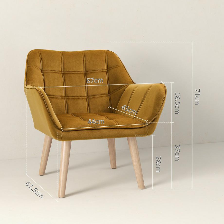 Northio Fauteuil à oreilles chaise simple chaise de relaxation en velours, scandinave, pieds surélevés, polyester aspect velours, jaune 67x61,5x71 cm  