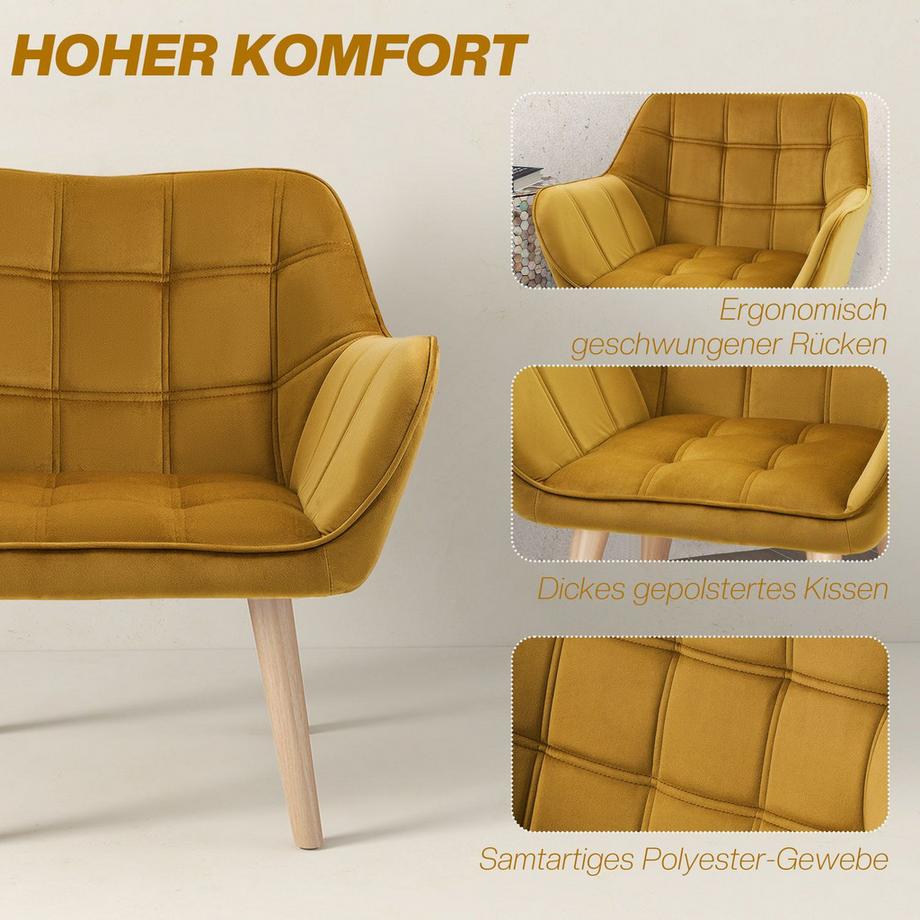 Northio Fauteuil à oreilles chaise simple chaise de relaxation en velours, scandinave, pieds surélevés, polyester aspect velours, jaune 67x61,5x71 cm  