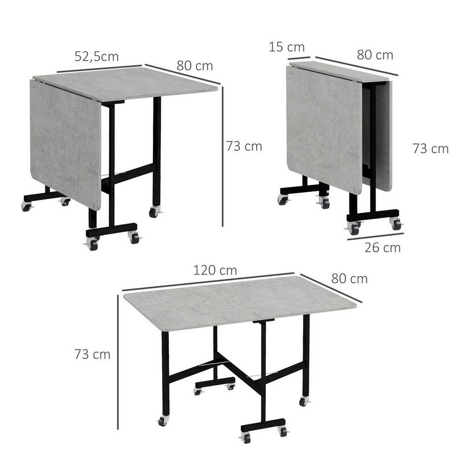 Northio  Table à manger, table de cuisine pliante avec roulettes, pieds en acier, table pliante pour 4-6 personnes, table de salle à manger, 52,5-120 x 80 x 73 cm 