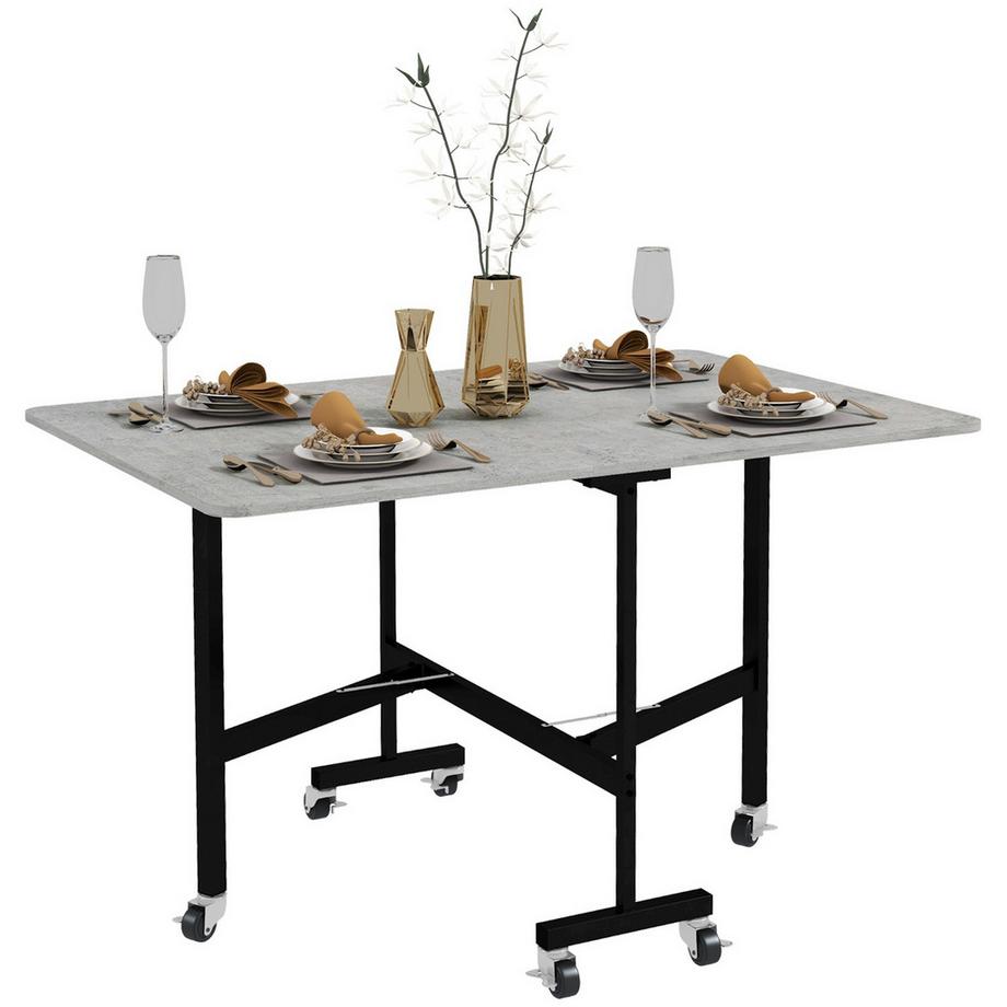 Northio  Table à manger, table de cuisine pliante avec roulettes, pieds en acier, table pliante pour 4-6 personnes, table de salle à manger, 52,5-120 x 80 x 73 cm 
