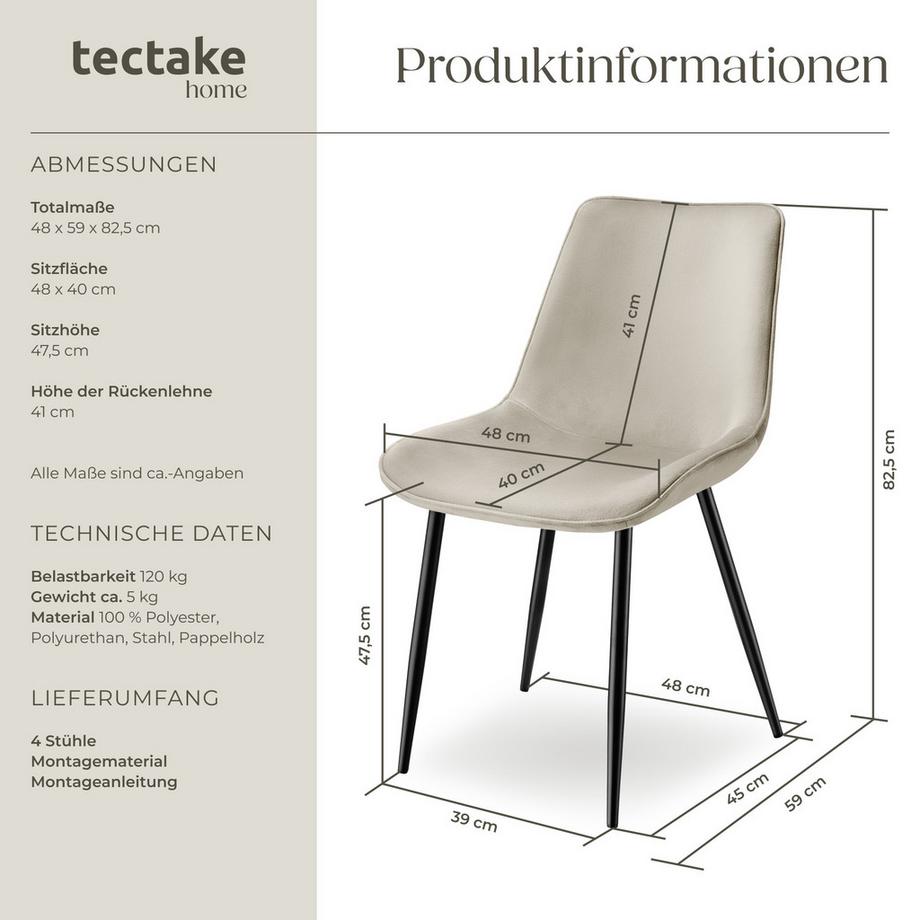 Tectake Lot de chaises MONROE rembourrées aspect velours  