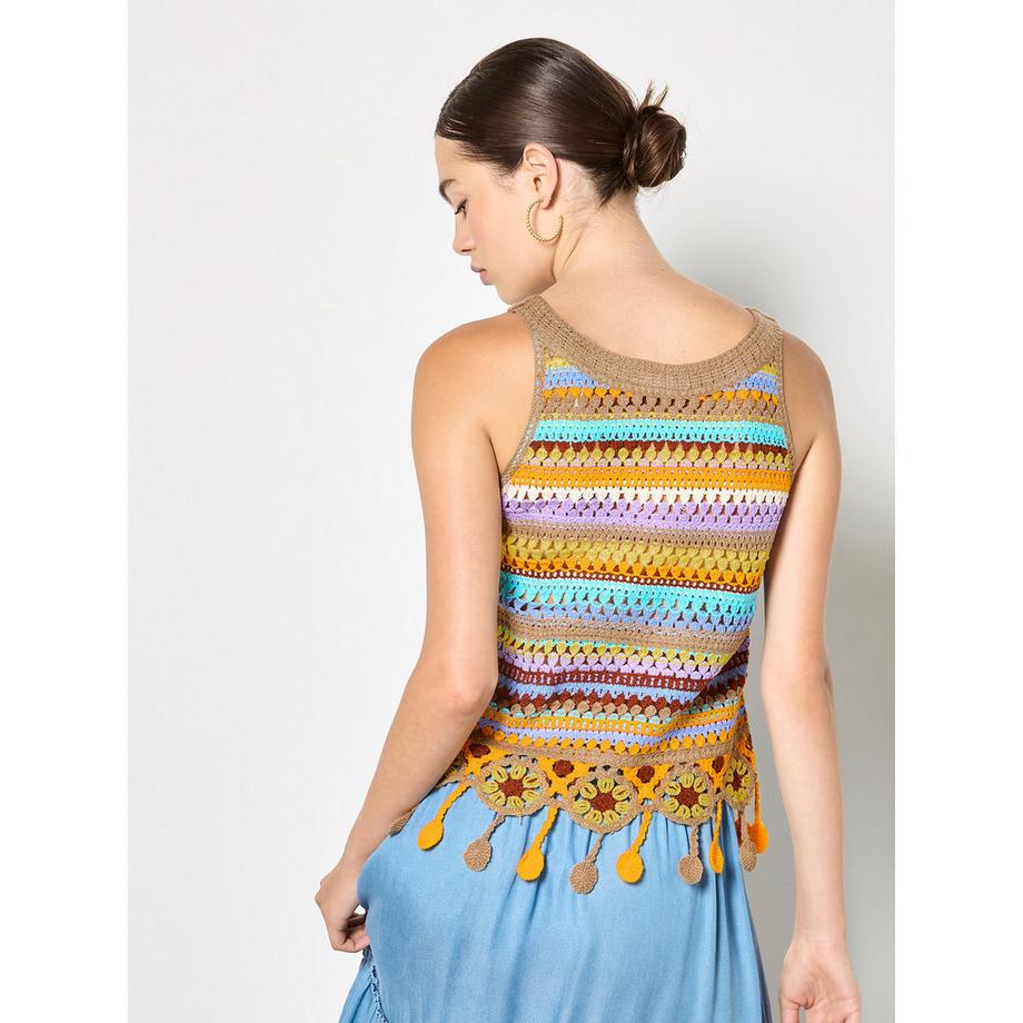 APRICOT Haut au crochet rayé coloré avec pompons  