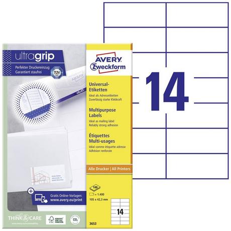 Avery-Zweckform ETIQUETTES universelles avec ultra-grip, 105 x 42.3 mm, jet d'encre, laser couleur, laser s/W  