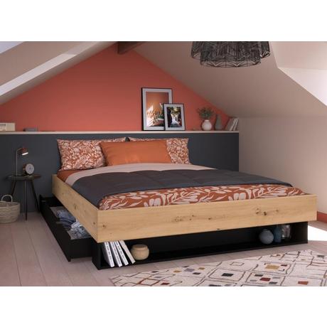 Vente-unique Letto con cassetto e nicchia 160 x 200 cm Naturale e Nero - MISTA  