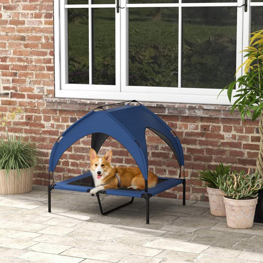 Northio  Lit surélevé pour chien avec auvent, lit pour animal domestique, chaise longue d'extérieur avec toit, respirant, pour grands chiens, Oxford bleu foncé 91 x 76 x 89 cm 
