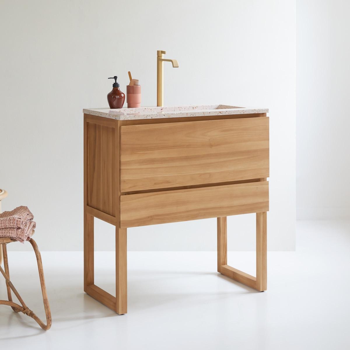 Tikamoon Meuble Salle de Bain en teck massif et terrazzo premium Pink 80 cm Edgar  