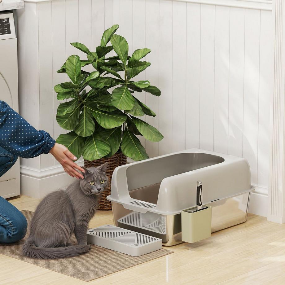 Northio  Bac à litière pour chat avec couvercle, bac à litière pour chat avec pelle, cuve en acier inoxydable, maison de toilette pour chat avec boîte de rangement pour chats de moins de 4,5 kg, intérieur, gris clair 