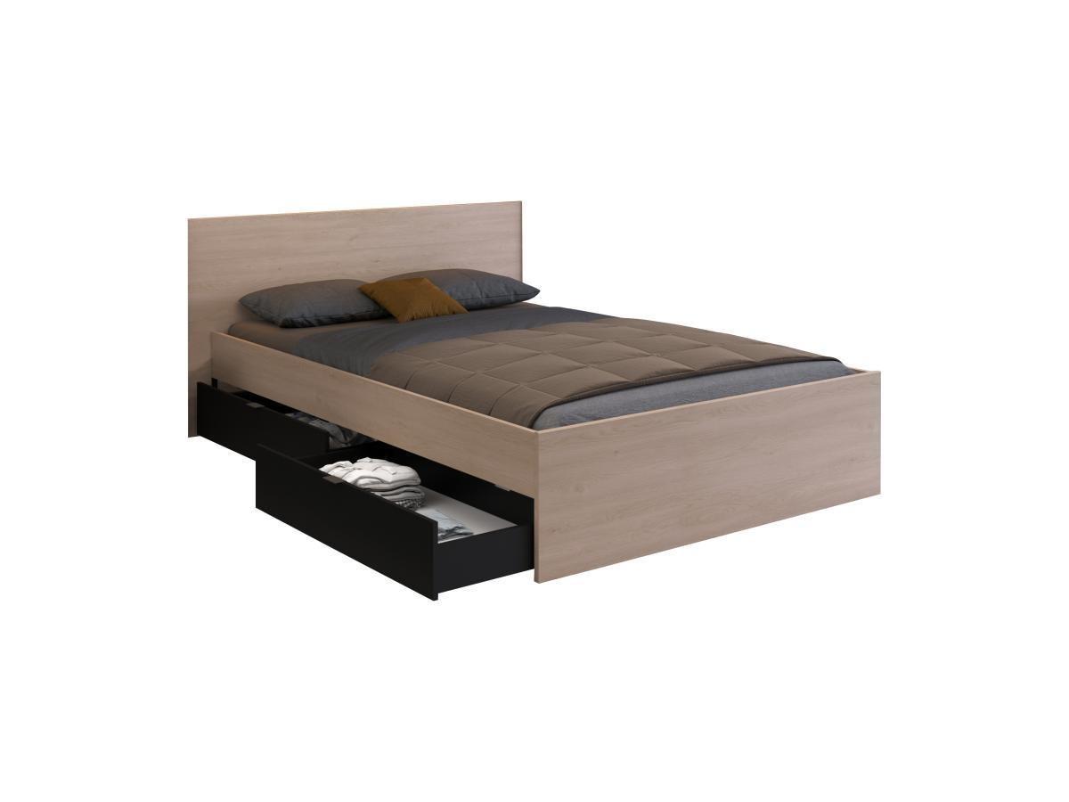 Image of Bett mit 2 Schubladen - 140 x 190 cm - Naturfarben & Schwarz - VELONA Bett mit 2 Schubladen - 140 x 190 cm - Naturfarben & Schwarz - VELONA