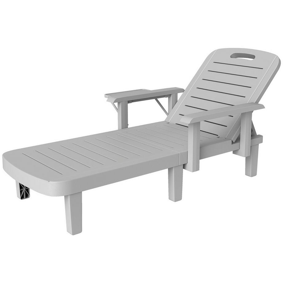 Sonnenliege Gartenliege mit Seitentisch Holzoptik Liegestuhl mit 5-Fach verstellbare Rückenlehne, wetterfeste Campingliege, Gartenstuhl bis 120 kg belast, für Garten Outdoor Strand, Hellgrau Aosom