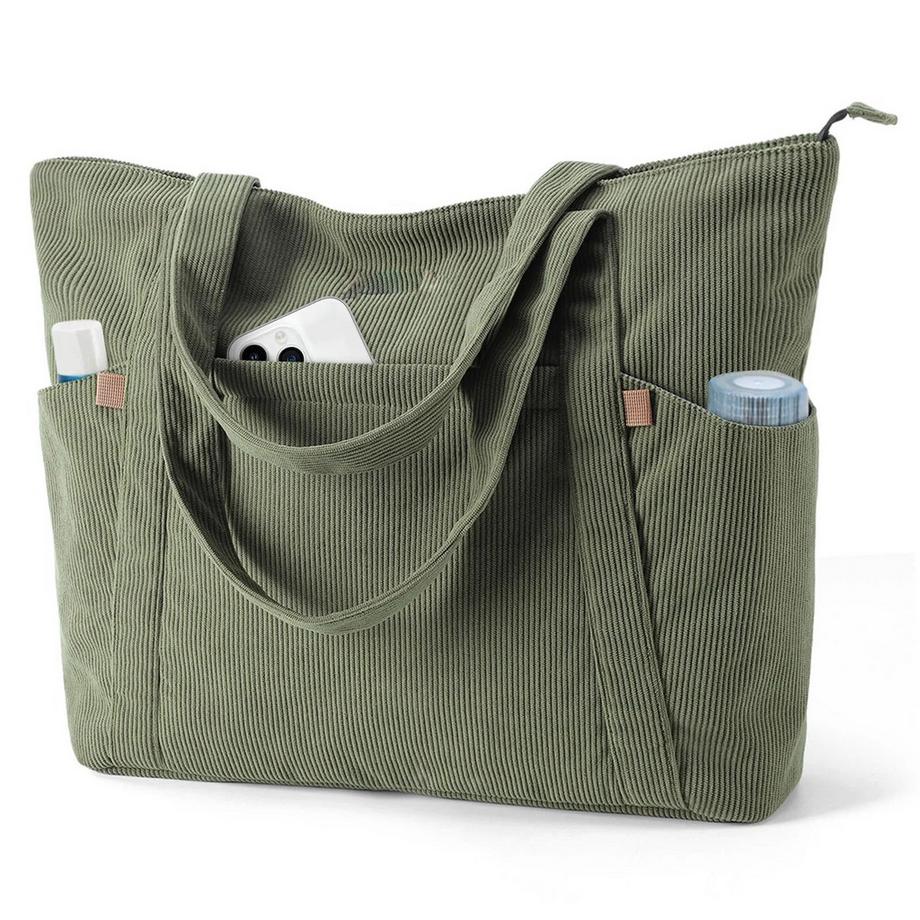 Cordtasche, große Einkaufstasche, Strandtasche mit Reißverschluss, Einkaufstasche, Laptoptasche Laptopfach