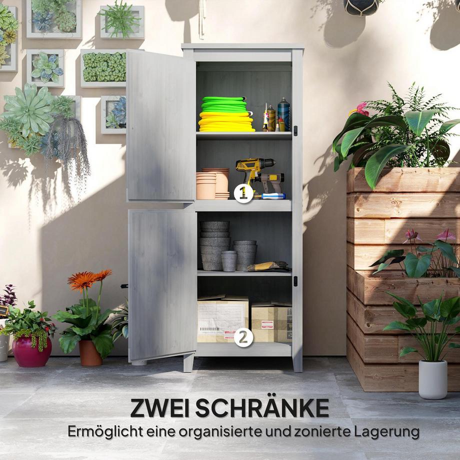 Northio Gartenschrank Holz, Geräteschuppen wetterfest Geräteschrank, 60x60x160cm, Gerätehaus mit Doppeltür, Ablagen, Abschließbar Werkzeugschrank Gartenschuppen für Garten, Terrasse, Hellgrau |  
