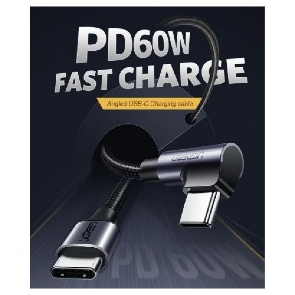 UGREEN  Câble UGREEN USB-C vers SB-C coudé, PD, 60W, 3A, 2m - Gris/noir 
