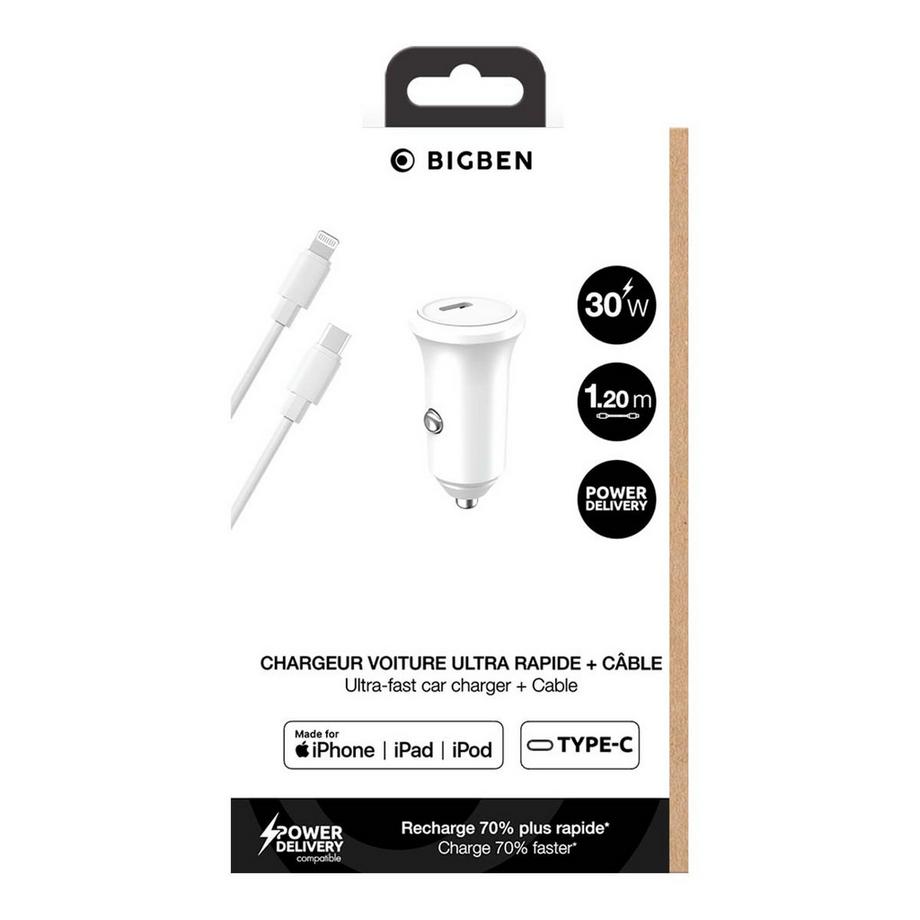 BigBen Connected  Autoladegerät USB-C 30W Power Delivery + USB-C / Lightning Kabel 