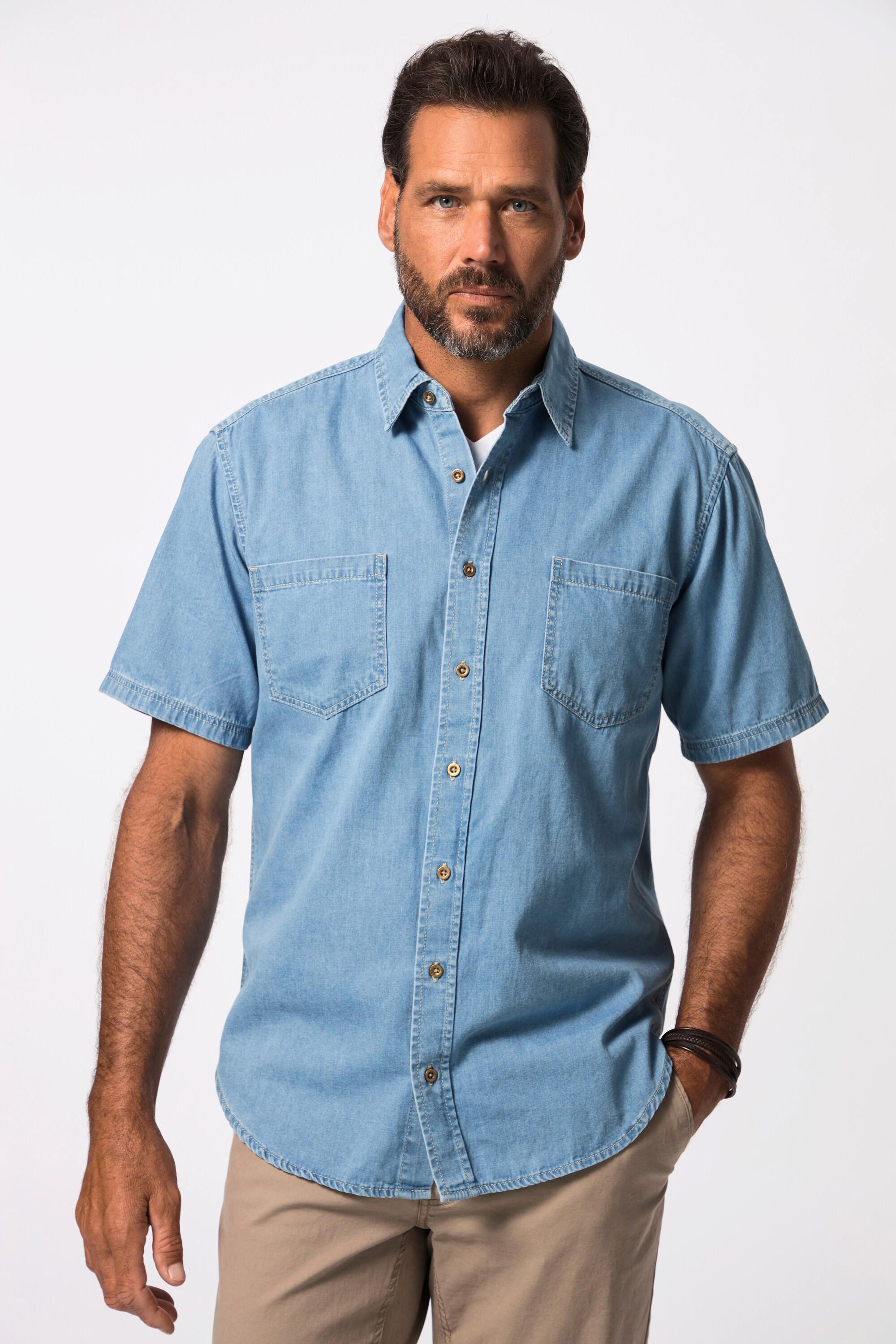 JP1880  Camicia di denim dalla vestibilità moderna con mezze maniche e colletto ad apertura inglese blu chiaro 