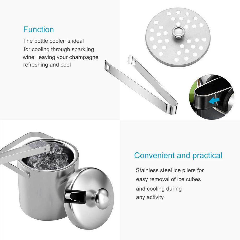 Intirilife Intirilife Set di 4 secchielli per ghiaccio da 1.3 L in acciaio inox con pinza e coperchio, isolati, a doppia parete  