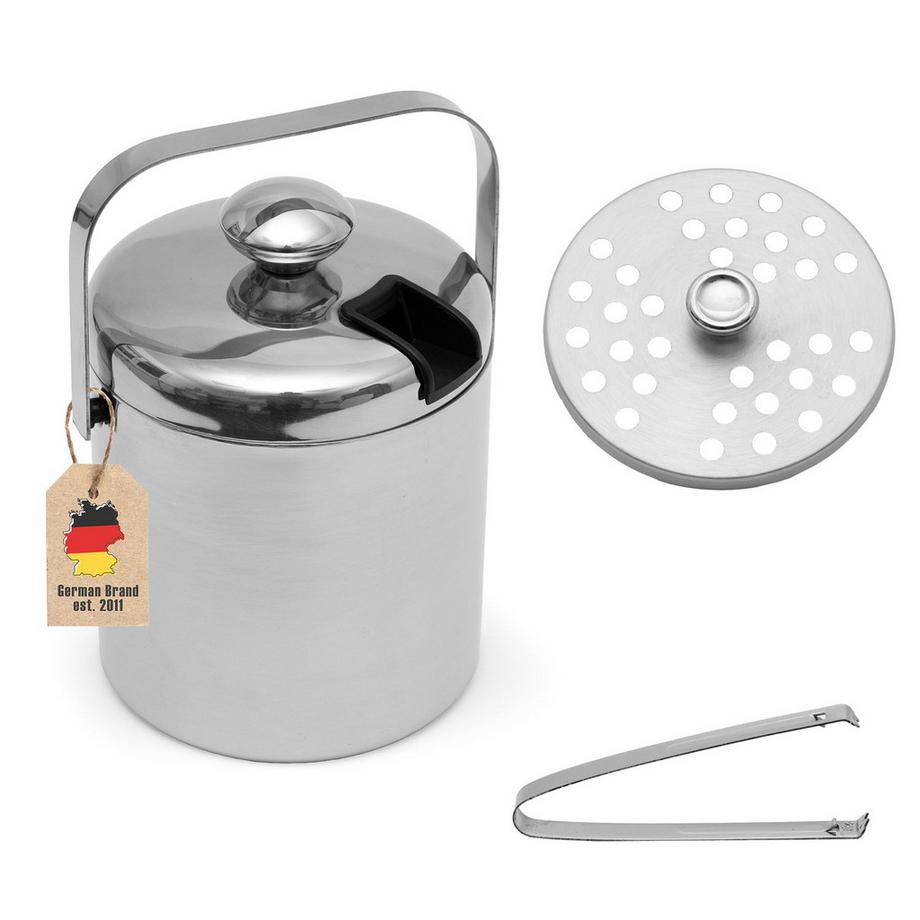 Intirilife 4-teiliges Eiskübel Set 1 Liter aus Edelstahl mit Greifzange und Deckel