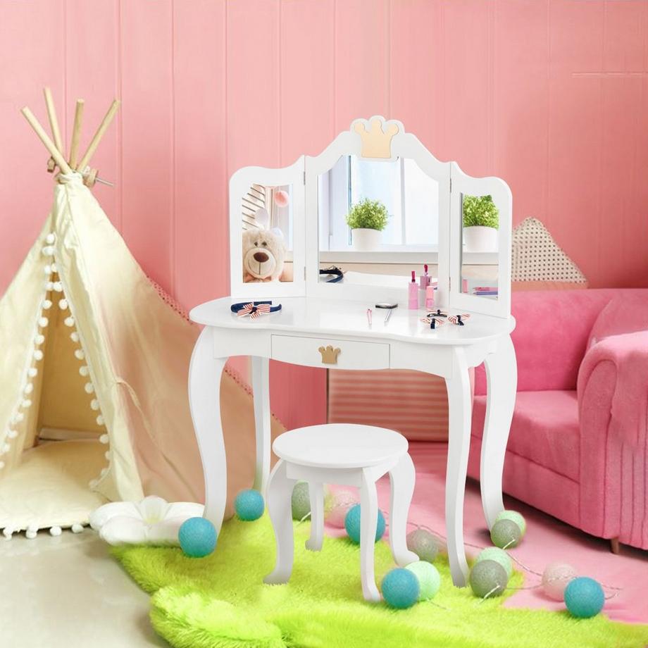 Northix  Ensemble de coiffeuse 2 en 1 coiffeuse pour enfants coiffeuse pour filles table miroir en bois blanc 80x42x105cm 