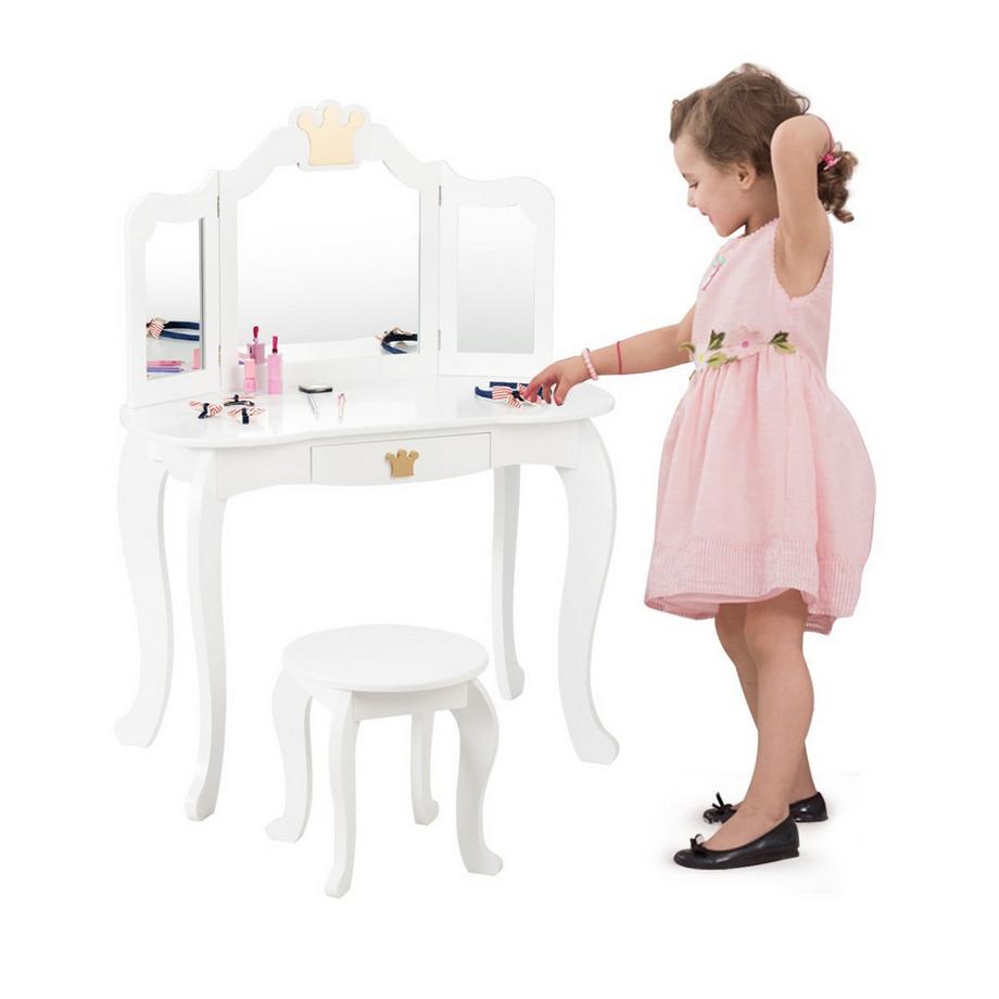 Northix  Ensemble de coiffeuse 2 en 1 coiffeuse pour enfants coiffeuse pour filles table miroir en bois blanc 80x42x105cm 