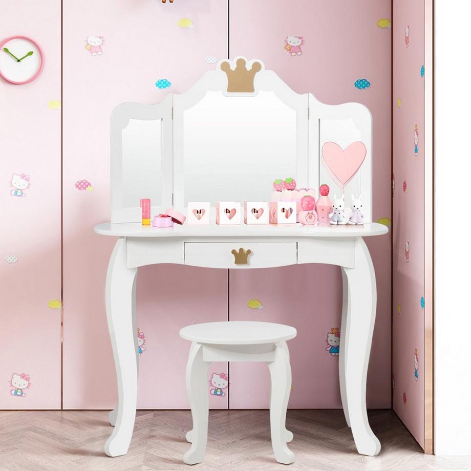 Northix  Ensemble de coiffeuse 2 en 1 coiffeuse pour enfants coiffeuse pour filles table miroir en bois blanc 80x42x105cm 