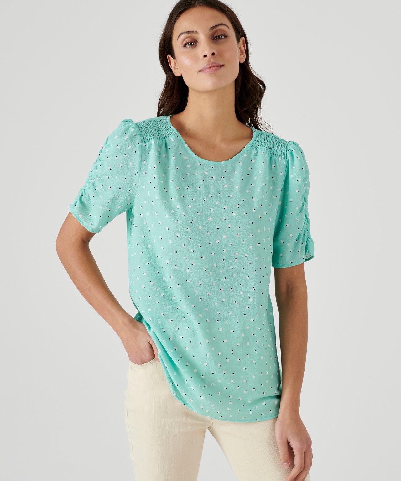 Image of Bluse Mit Puffärmeln, Smok-einsatz An Den Schultern, Rundhalsausschnitt. Damen Grün 50