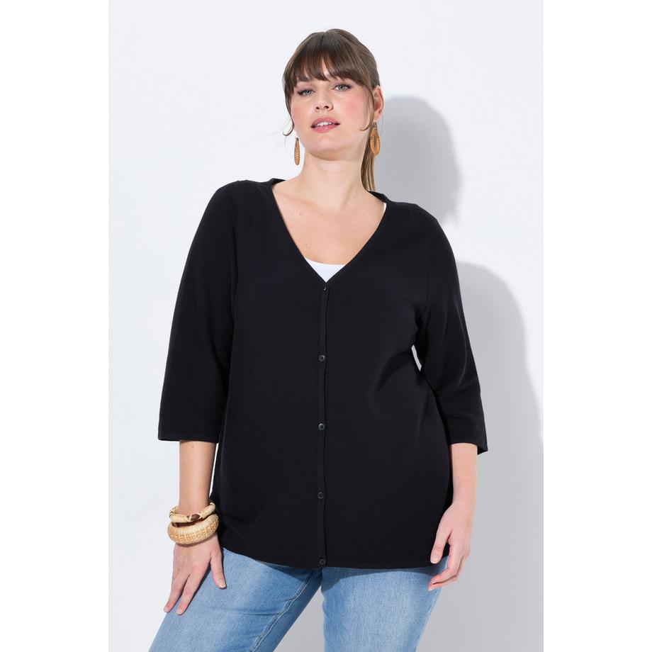 Ulla Popken Cardigan Scollo a V Maniche 3/4 Cotone Biologico  