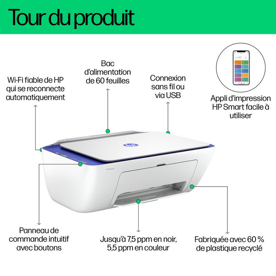 HP  DeskJet 2821e Sans fil All-in-One Couleur Imprimante, Instant Ink; copieur, scanner 