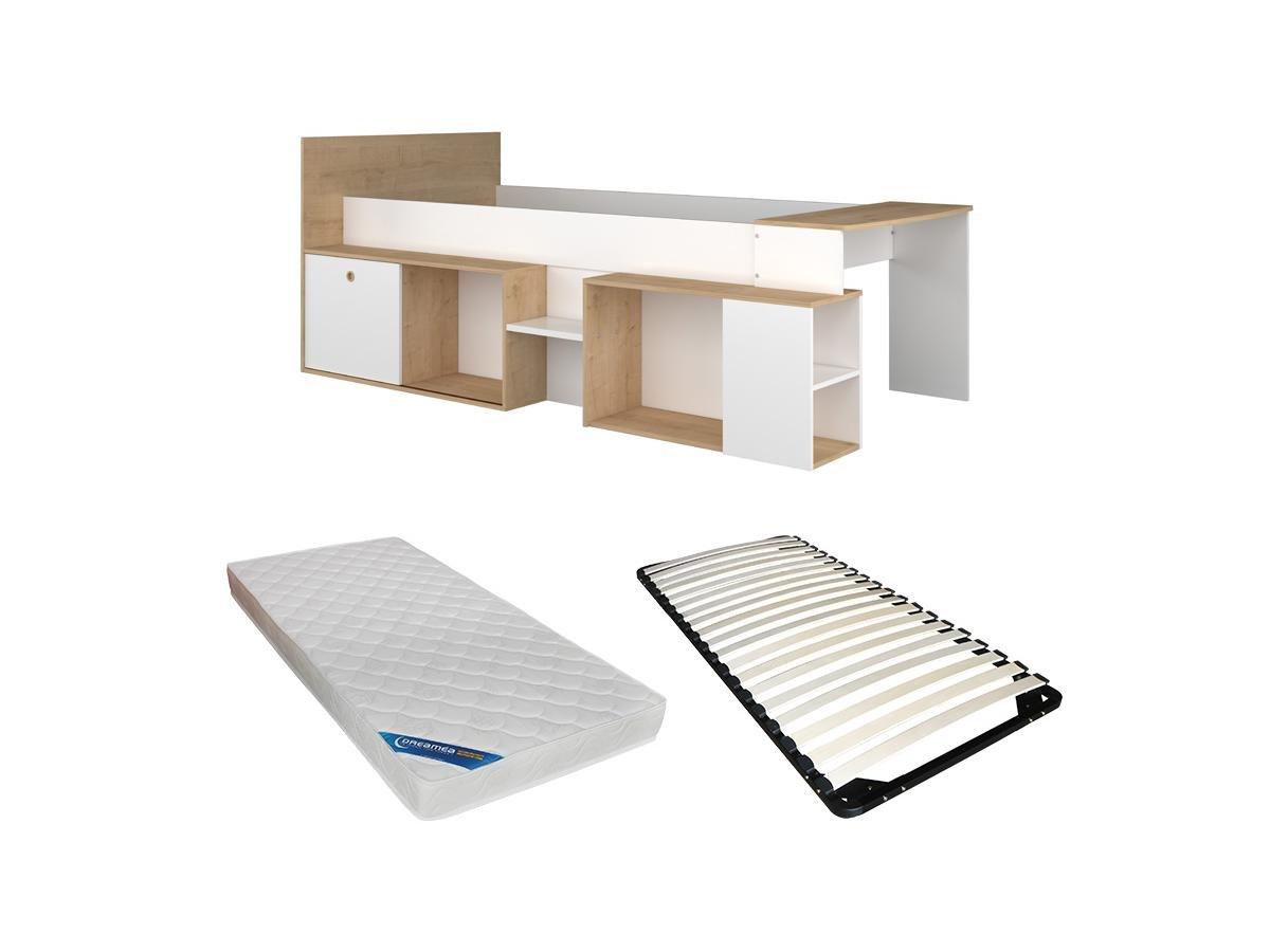 Image of Kombibett 90 x 200 cm mit Schreibtisch & Stauraum + Lattenrost + Matratze - Weiß & Holzfarben - PALOMA Kombibett 90 x 200 cm mit Schreibtisch & Stauraum + Lattenrost + Matratze - Weiß & Holzfarben - PALOMA