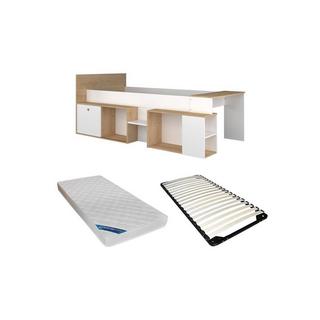 Vente-unique Letto combinato 90 x 200 cm con scrivania e vani portaoggetti Bianco e Naturale + Rete + Materasso - PALOMA  