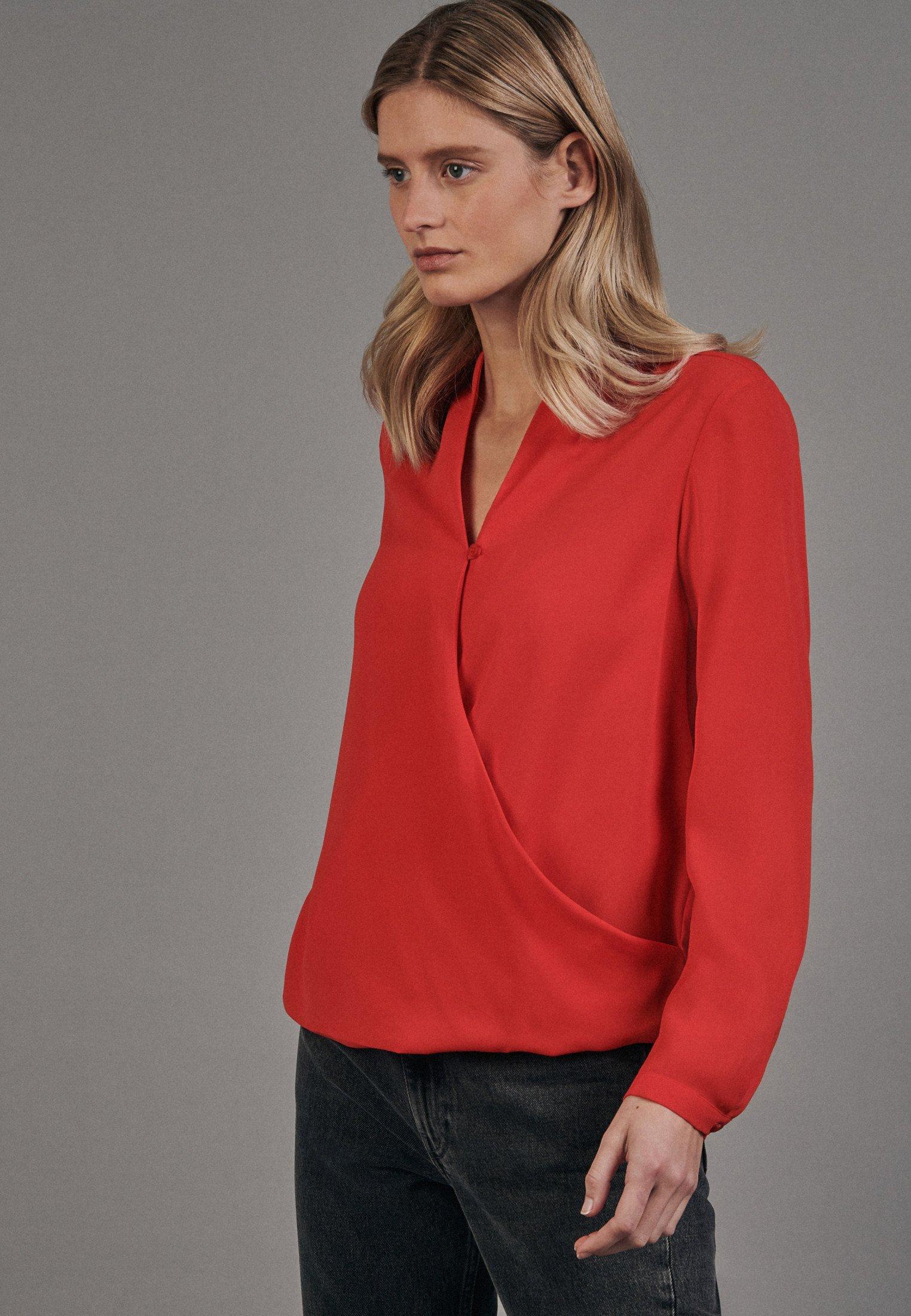 Image of Wickelbluse Uni Langarm V-neck Damen Rot Bunt 38