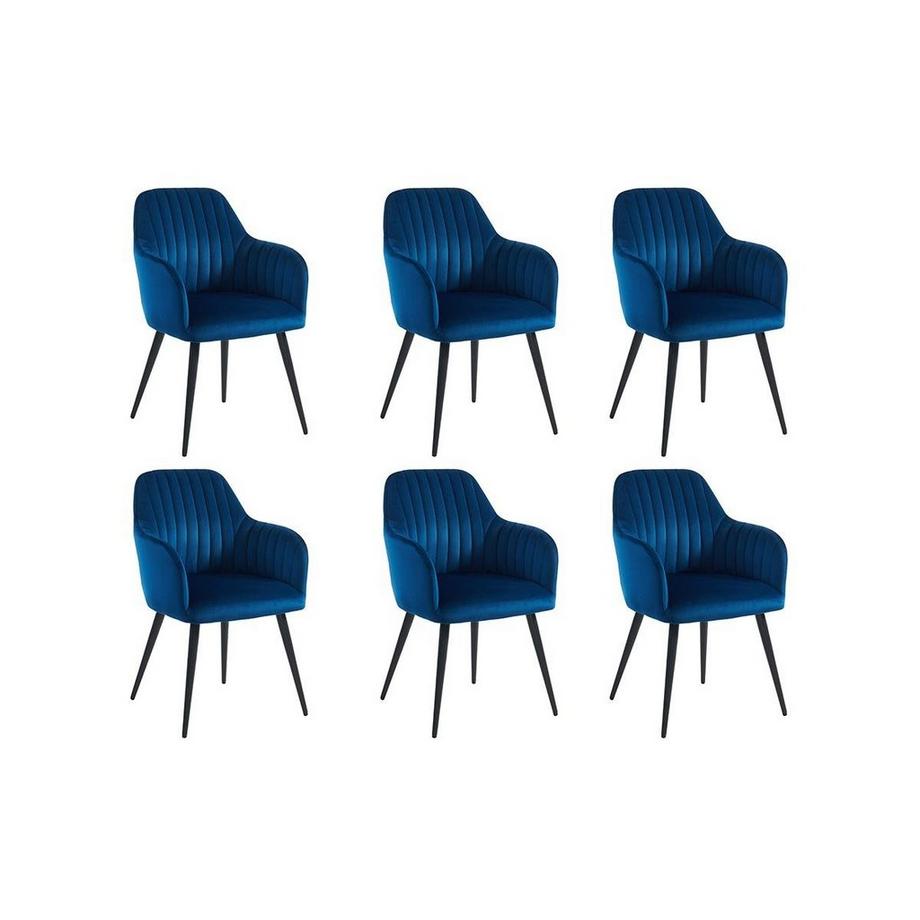Lot de 6 chaises avec accoudoirs en velours et métal noir - Bleu - ELEANA