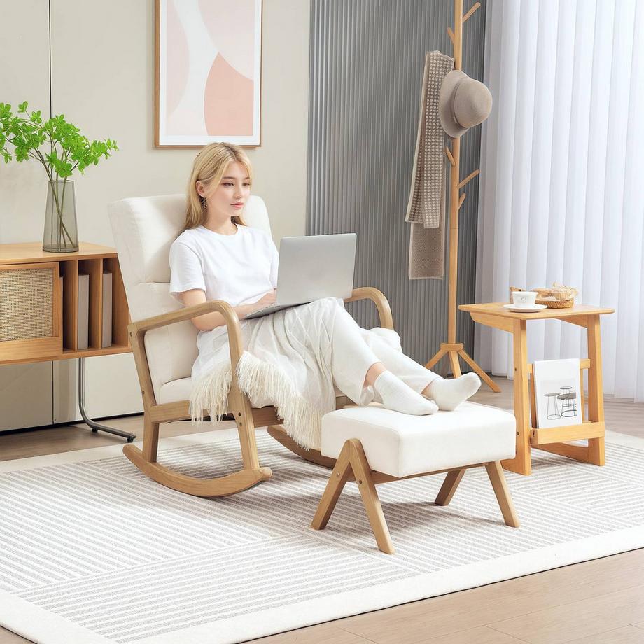 Northio Fauteuil à bascule avec tabouret, fauteuil de relaxation aspect lin, fauteuil à bascule avec pieds en bois, balançoire pour chambre à coucher, salon, capacité de charge jusqu'à 150 kg, blanc crème  