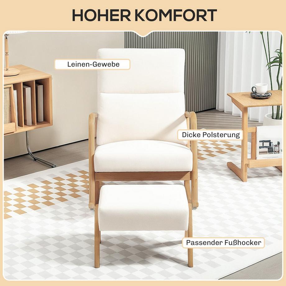Northio Fauteuil à bascule avec tabouret, fauteuil de relaxation aspect lin, fauteuil à bascule avec pieds en bois, balançoire pour chambre à coucher, salon, capacité de charge jusqu'à 150 kg, blanc crème  