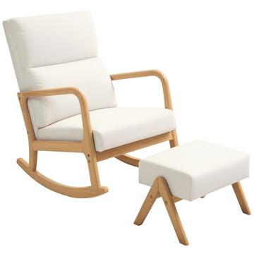 Fauteuil à bascule avec tabouret, fauteuil de relaxation aspect lin, fauteuil à bascule avec pieds en bois, balançoire pour chambre à coucher, salon, capacité de charge jusqu'à 150 kg, blanc crème