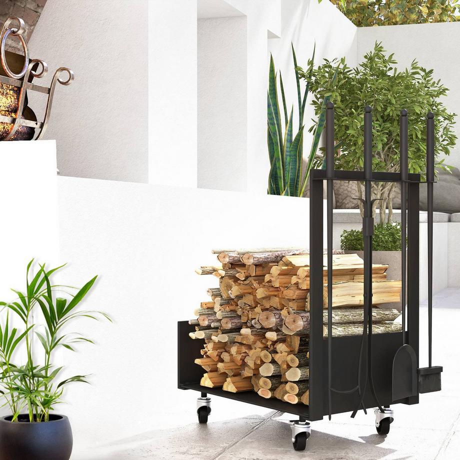 Northio Kaminholzregal 48 x 30 x 76 cm Brennholzregal mit Rädern, Schaufel, Besen, Schürhaken, Zange, Seitenhaken, Feuerholzregal für Outdoor, Indoor, Metall, Schwarz  