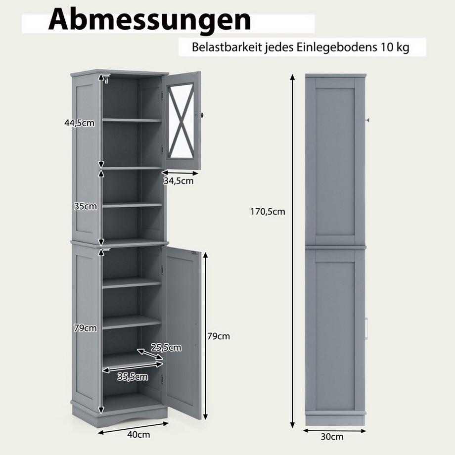 Northix Meuble de salle de bain mince avec 5 étagères réglables et 2 portes, meuble haut autoportant gris  