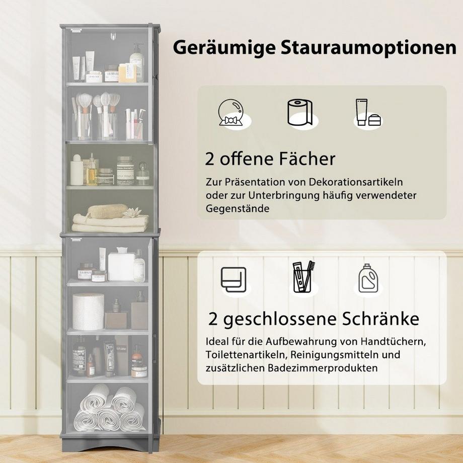 Northix Meuble de salle de bain mince avec 5 étagères réglables et 2 portes, meuble haut autoportant gris  