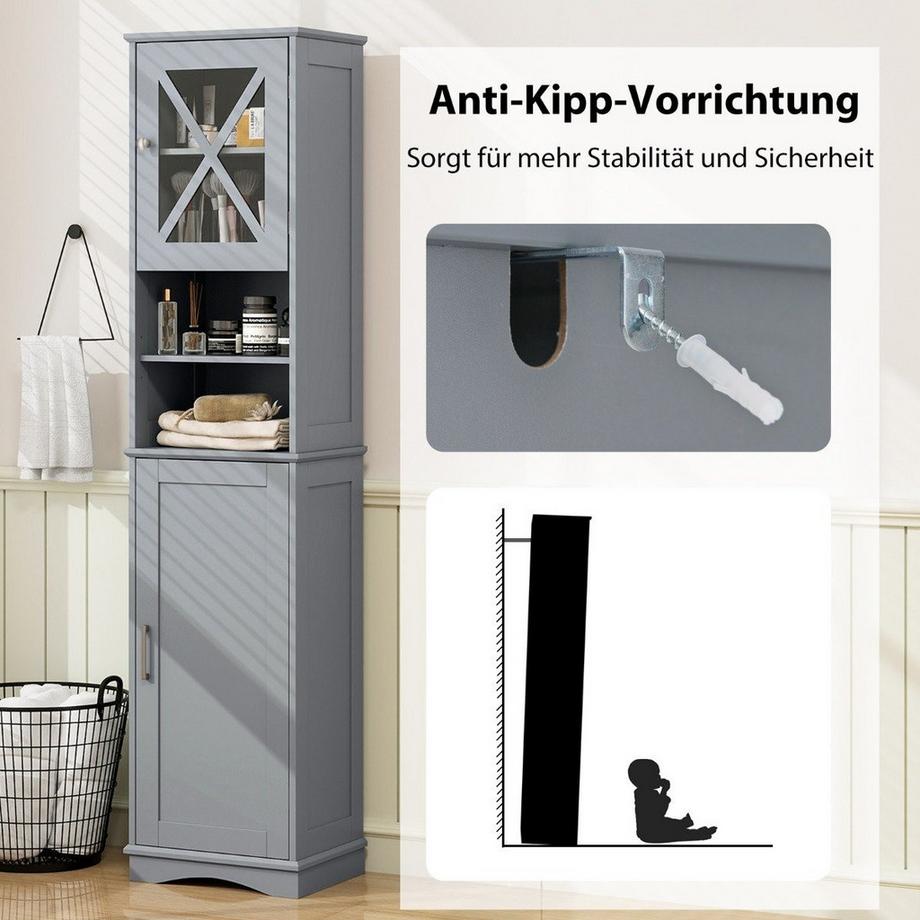 Northix Meuble de salle de bain mince avec 5 étagères réglables et 2 portes, meuble haut autoportant gris  