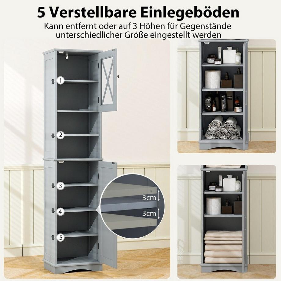 Northix Meuble de salle de bain mince avec 5 étagères réglables et 2 portes, meuble haut autoportant gris  