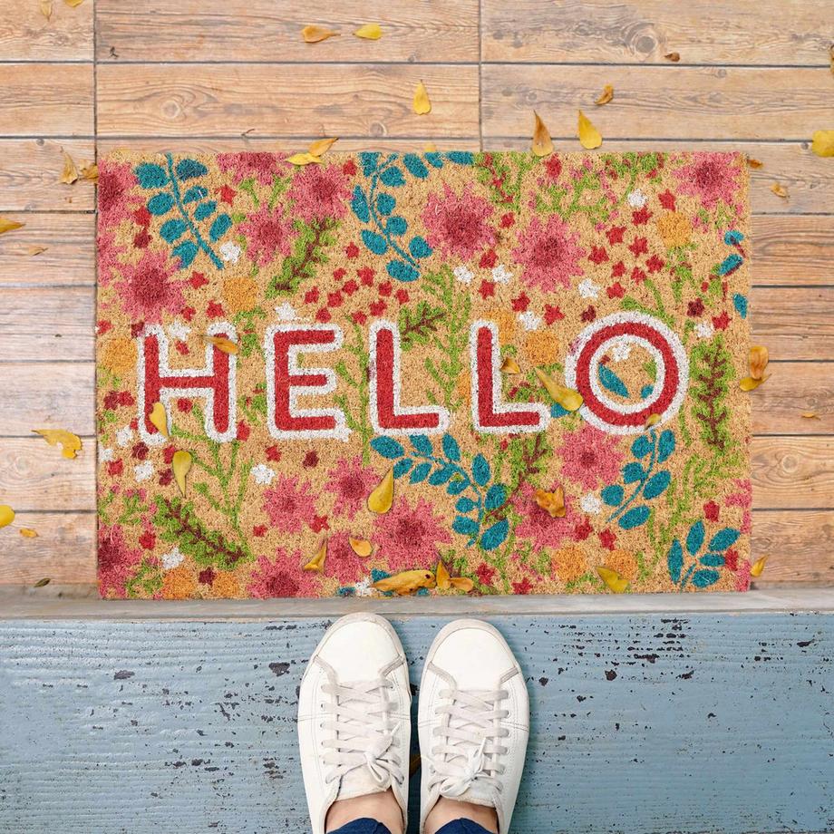 B2X Fußmatte Kokosfaser Hello mit Blumen  
