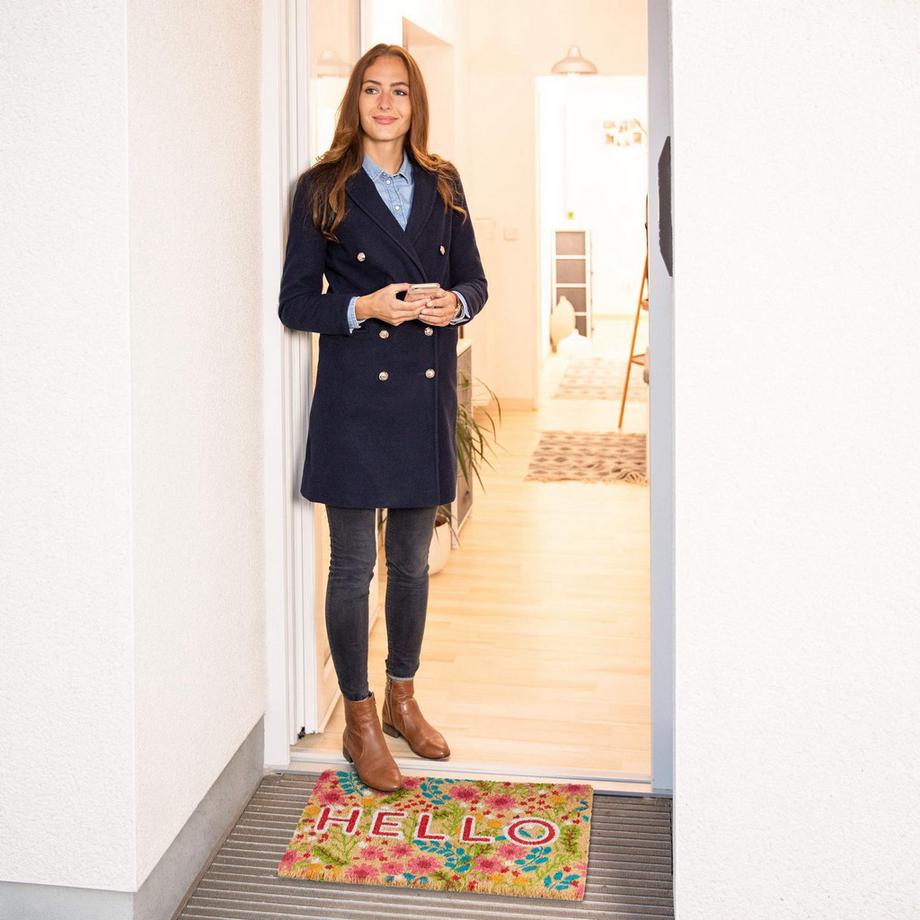 B2X Fußmatte Kokosfaser Hello mit Blumen  