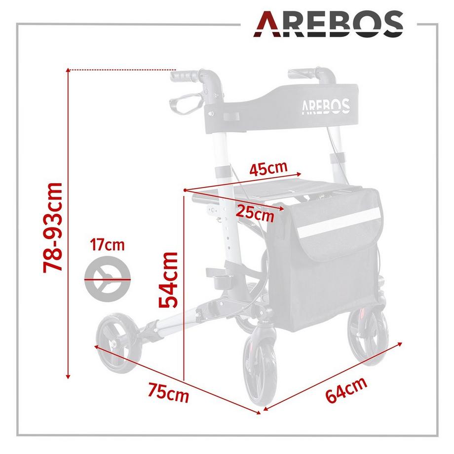 Arebos  Alu Rollator | Klappbar | Leichtgewichtsrollator | 6 Höheneinstellung 