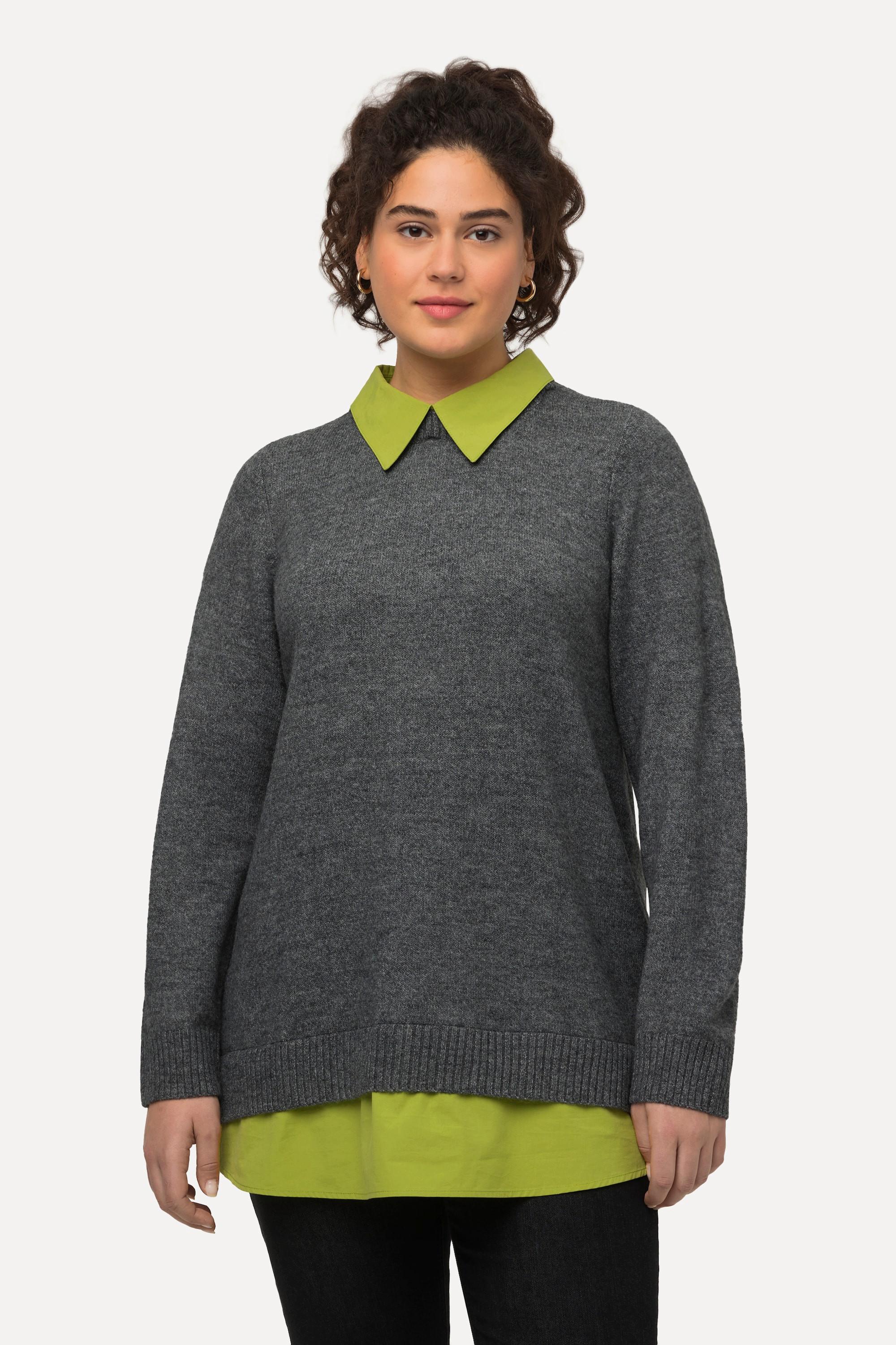 Ulla Popken  Pullover dal taglio svasato con collo da camicia e maniche lunghe 