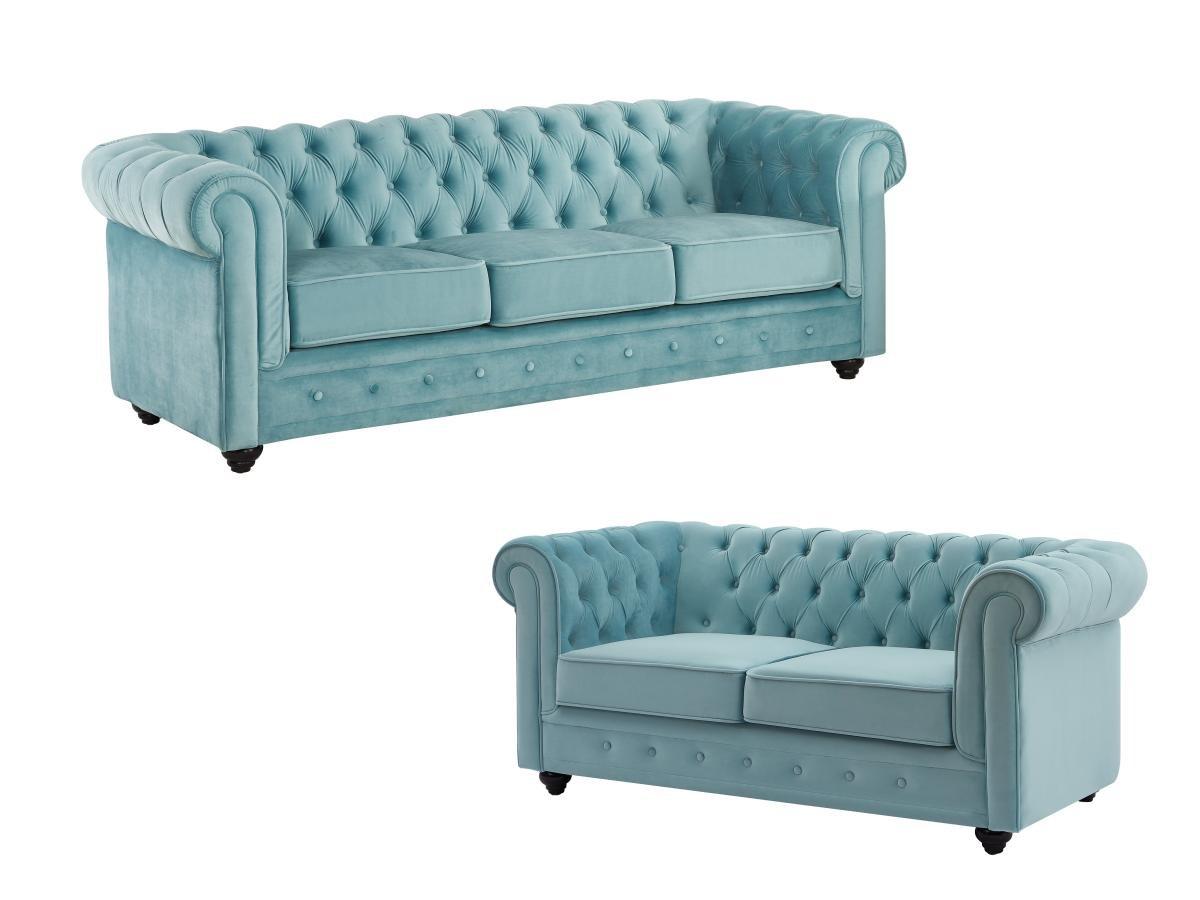 Image of Sofa 3-Sitzer & 2-Sitzer - Samt - Pastellblau - CHESTERFIELD Sofa 3-Sitzer & 2-Sitzer - Samt - Pastellblau - CHESTERFIELD