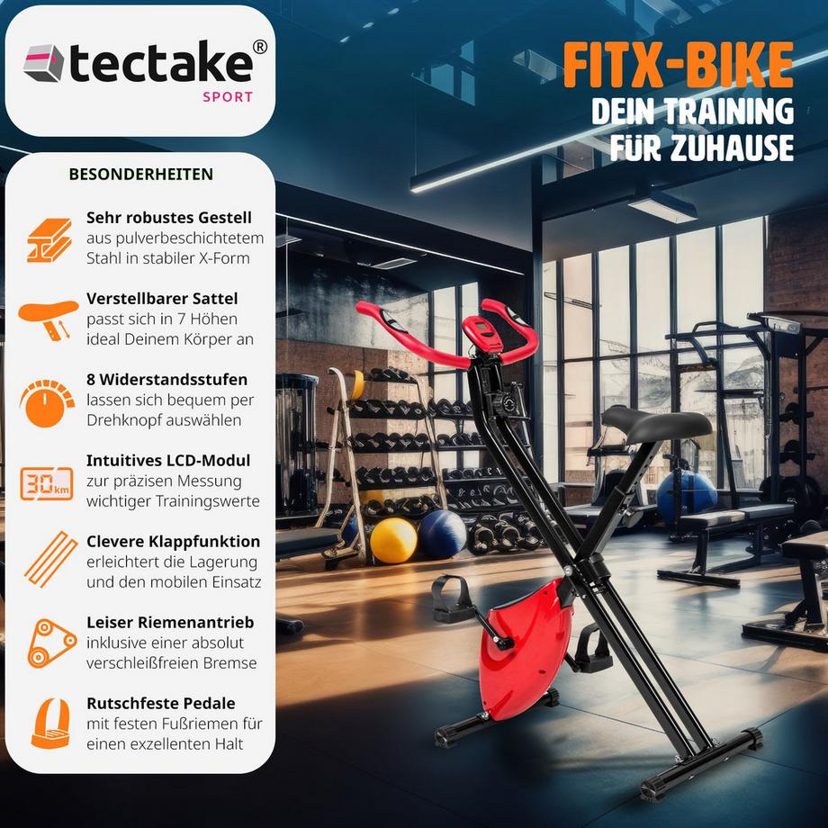Tectake  Vélo d'appartement FitX-Bike pliable avec 8 niveaux de difficulté 