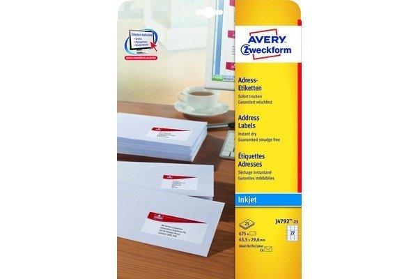 Avery-Zweckform Avery-Zweckform J4792-25 Etichette 63.5 x 29.6 mm Carta Bianco 675 pz. Permanente Etichetta per indirizzo, Etic  