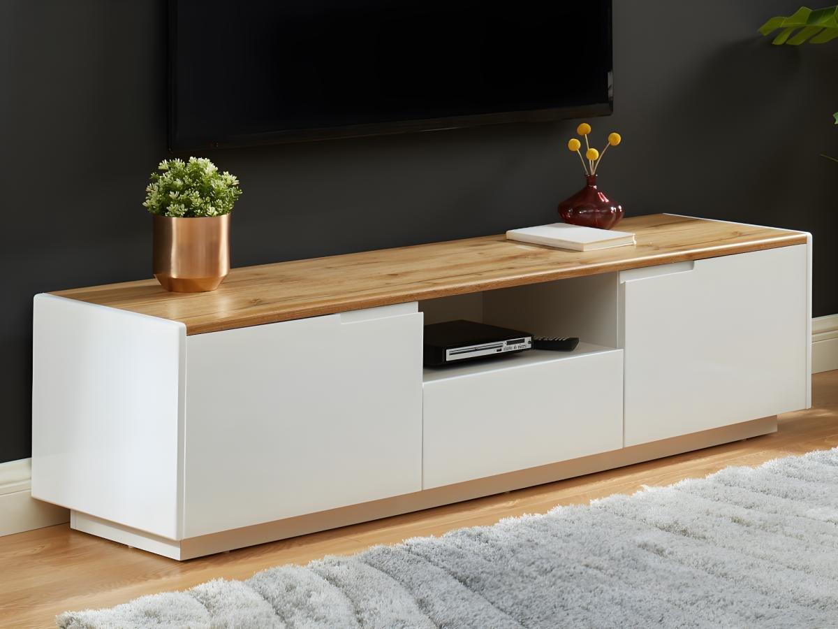 Vente-unique Mobile TV 2 ante e 1 cassetto MDF laccato Bianco Bianco e rovere AMANI  